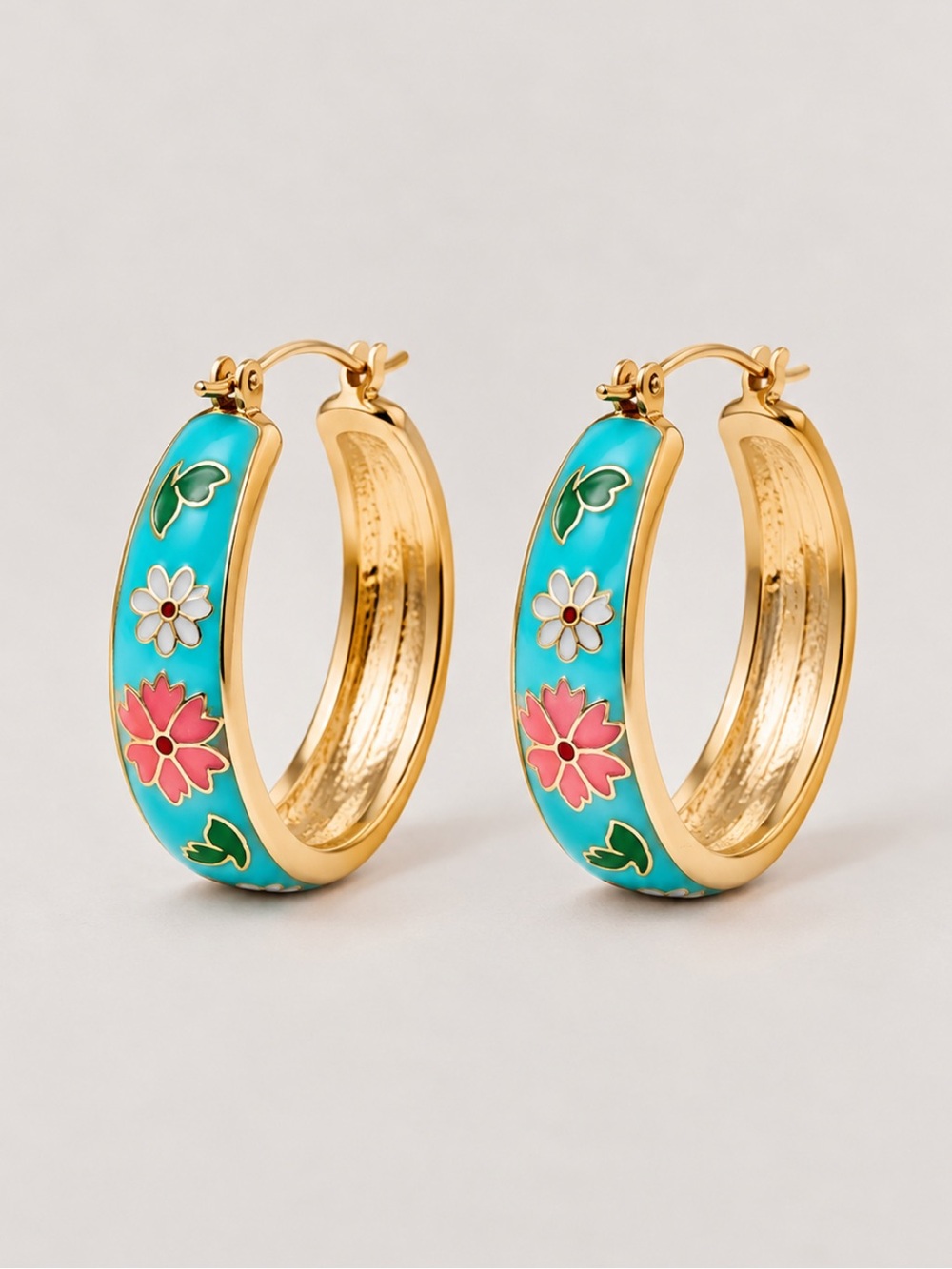 New! Blue Aqua Flower Gold Hoop Earrings NWOT 1010